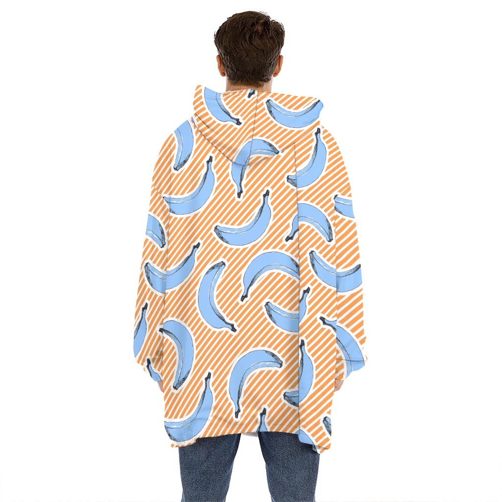 Retro Blue Banana Pattern Print Hoodie Blanket