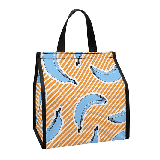 Retro Blue Banana Pattern Print Insulated Lunch Tote