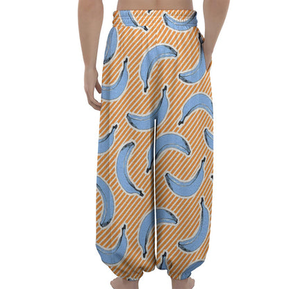Retro Blue Banana Pattern Print Lantern Pants
