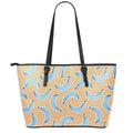 Retro Blue Banana Pattern Print Leather Tote Bag With Zipper