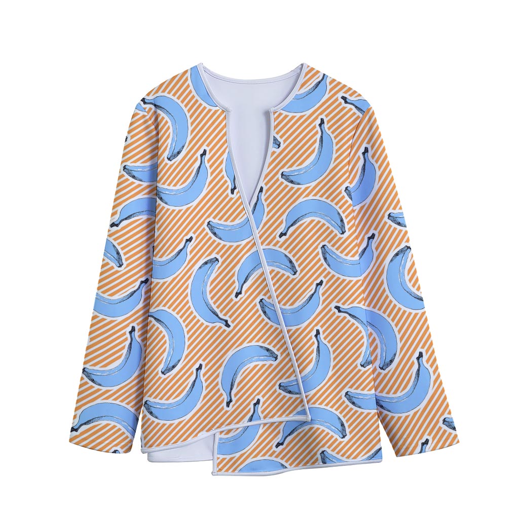 Retro Blue Banana Pattern Print Long Sleeve Short Coat