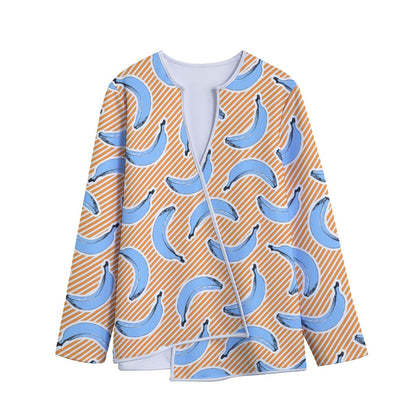 Retro Blue Banana Pattern Print Long Sleeve Short Coat