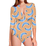 Retro Blue Banana Pattern Print Long Sleeve Swimsuit