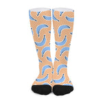Retro Blue Banana Pattern Print Long Socks