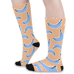 Retro Blue Banana Pattern Print Long Socks