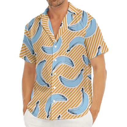 Retro Blue Banana Pattern Print Men's Deep V-Neck Shirt