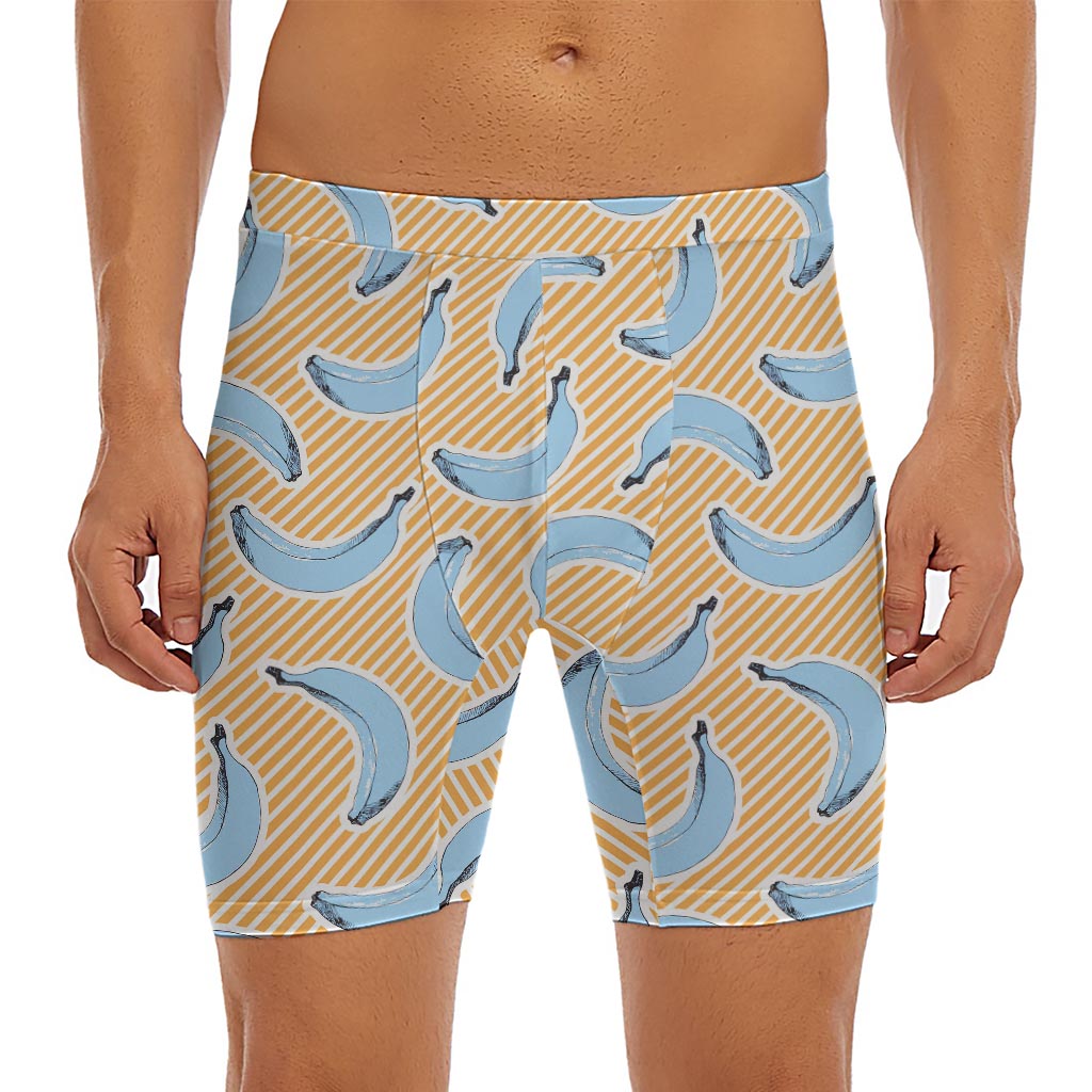Retro Blue Banana Pattern Print Men's Long Boxer Briefs