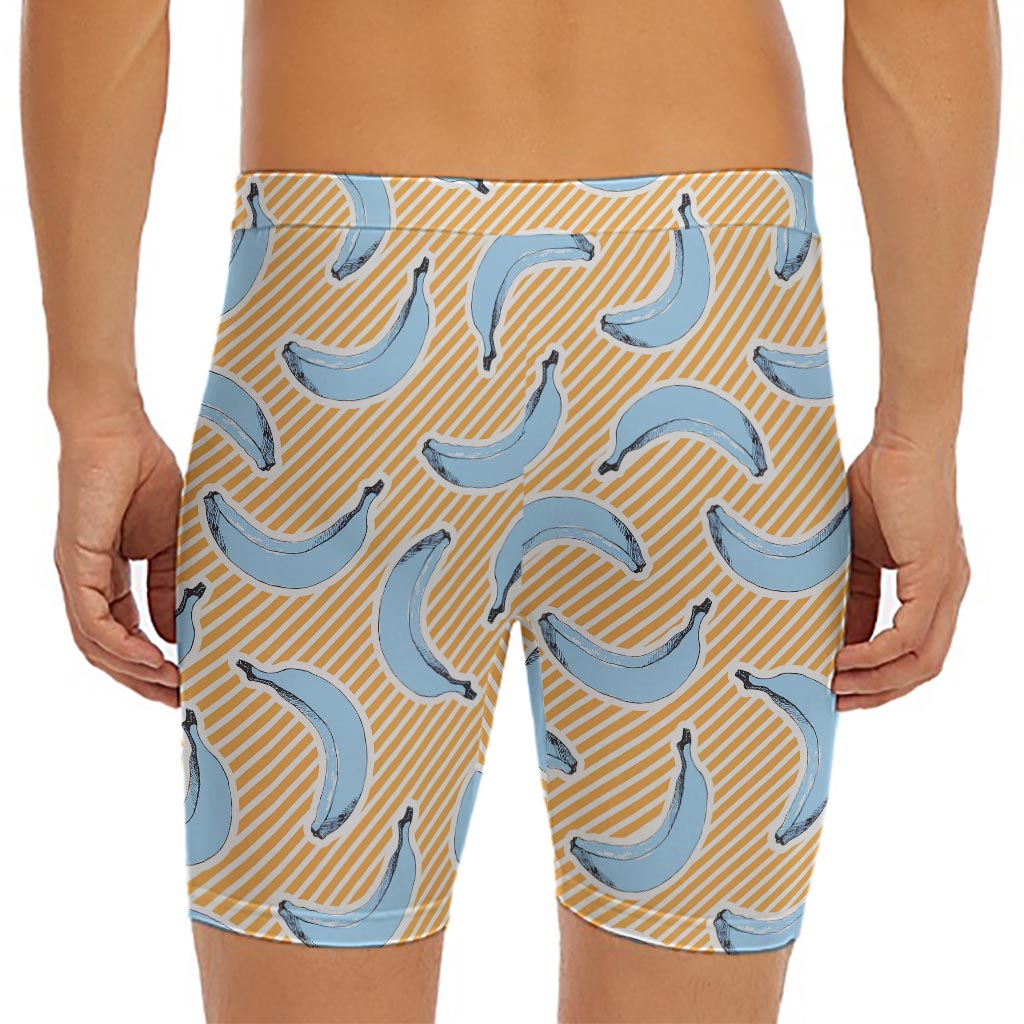 Retro Blue Banana Pattern Print Men's Long Boxer Briefs
