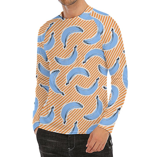 Retro Blue Banana Pattern Print Men's Long Sleeve Rash Guard