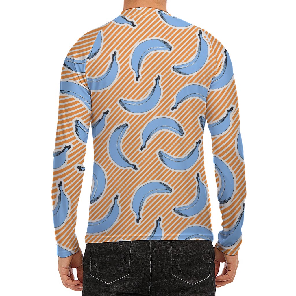 Retro Blue Banana Pattern Print Men's Long Sleeve Rash Guard