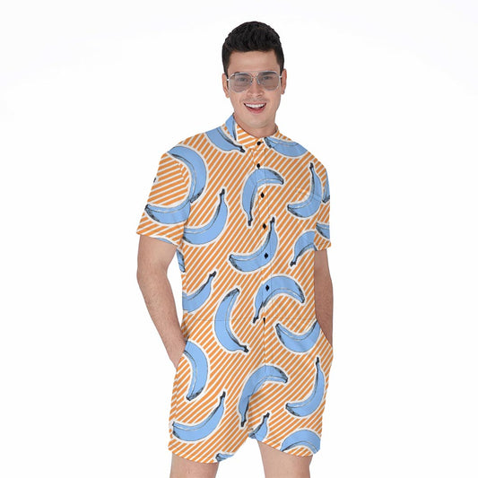Retro Blue Banana Pattern Print Men's Rompers