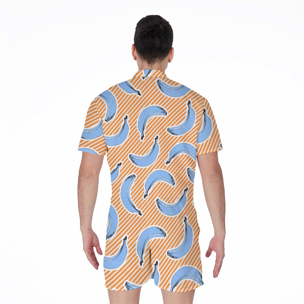 Retro Blue Banana Pattern Print Men's Rompers