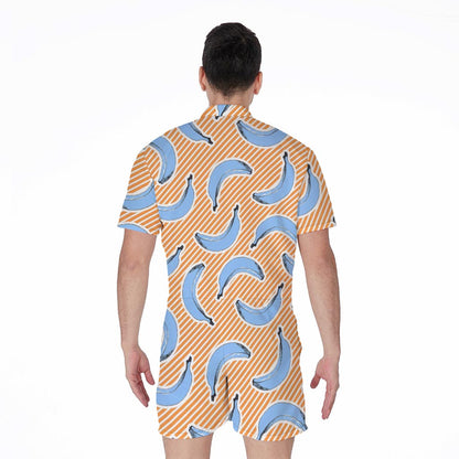 Retro Blue Banana Pattern Print Men's Rompers