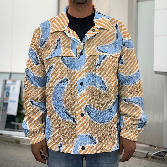Retro Blue Banana Pattern Print Men's Shirt Jacket