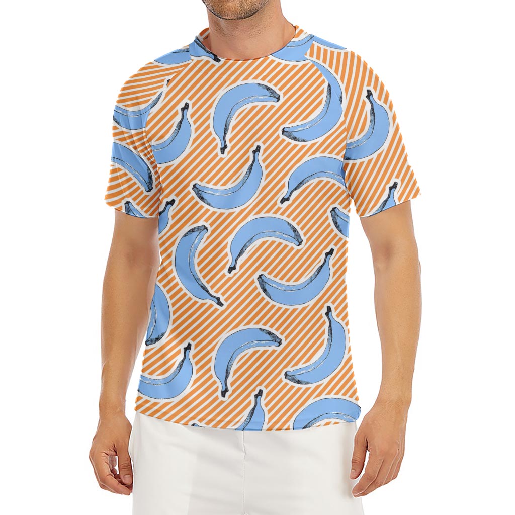 Retro Blue Banana Pattern Print Men's Short Sleeve Rash Guard