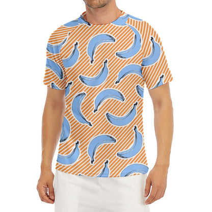 Retro Blue Banana Pattern Print Men's Short Sleeve Rash Guard