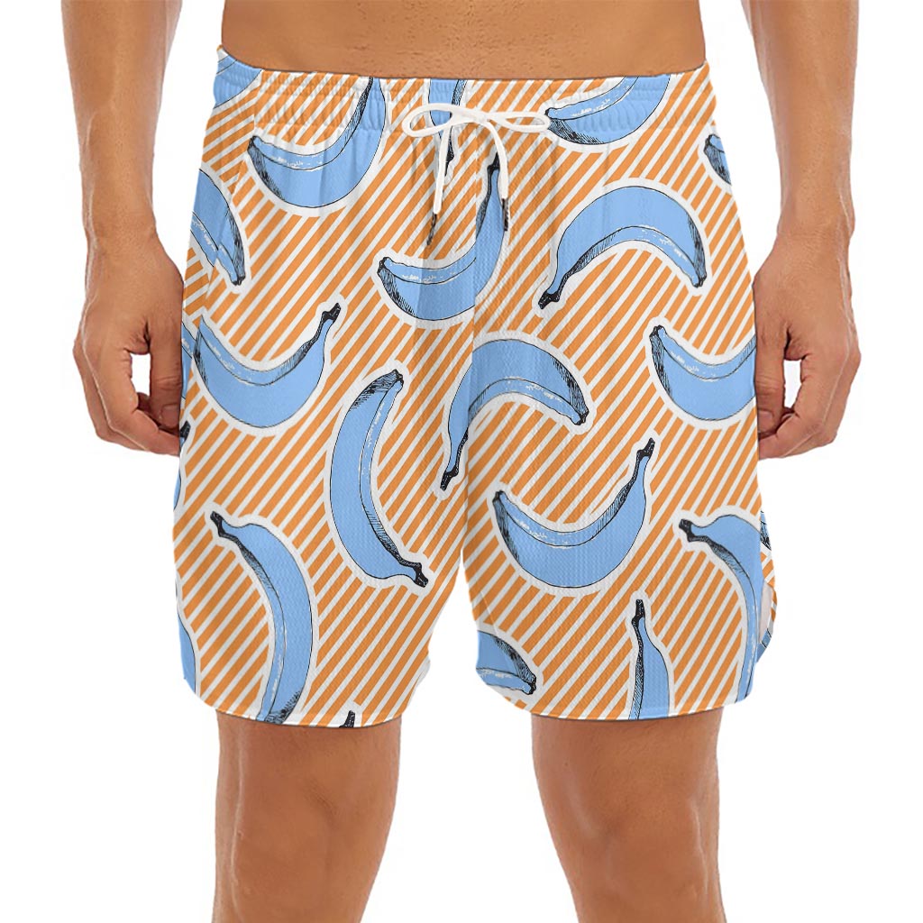Retro Blue Banana Pattern Print Men's Split Running Shorts