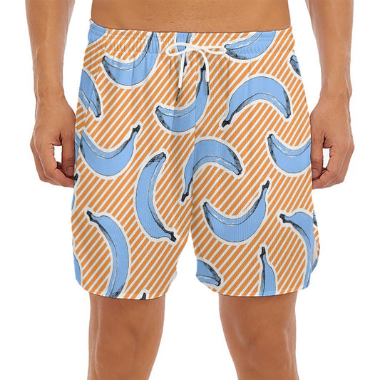 Retro Blue Banana Pattern Print Men's Split Running Shorts