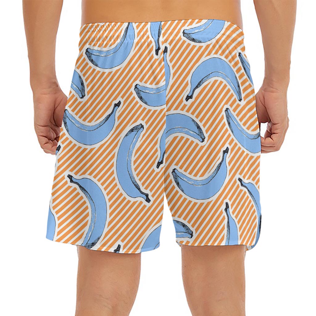 Retro Blue Banana Pattern Print Men's Split Running Shorts