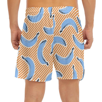 Retro Blue Banana Pattern Print Men's Split Running Shorts
