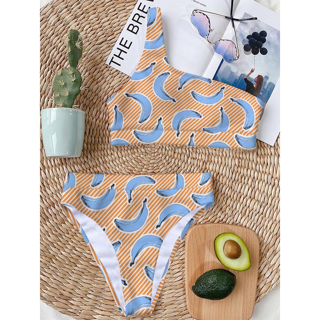 Retro Blue Banana Pattern Print One Shoulder Bikini Top