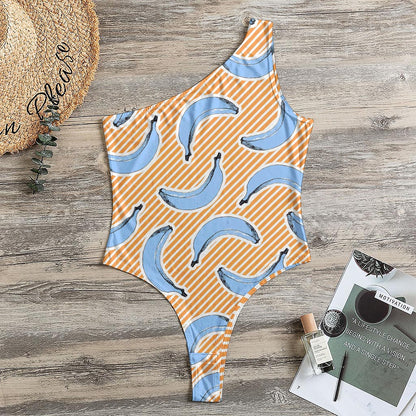 Retro Blue Banana Pattern Print One Shoulder Bodysuit