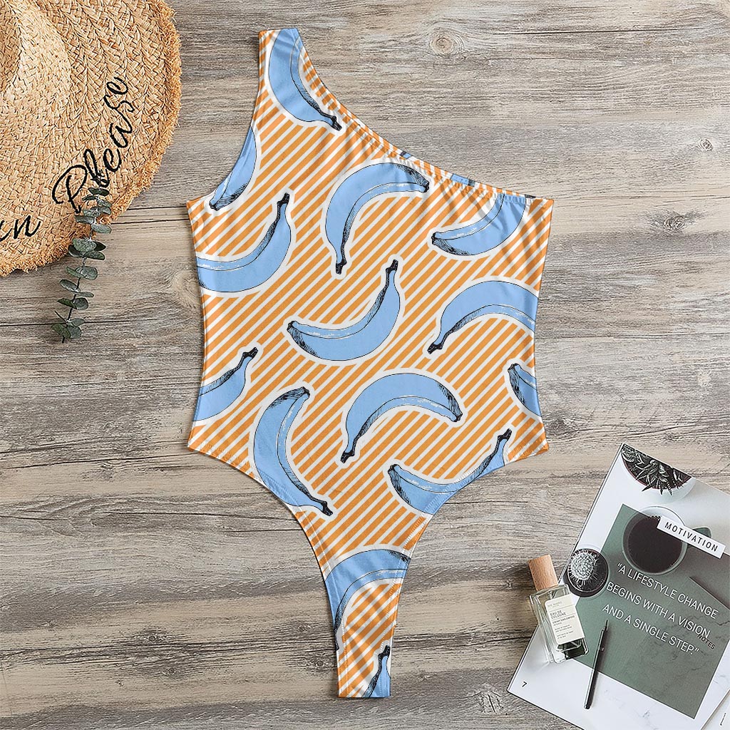 Retro Blue Banana Pattern Print One Shoulder Bodysuit