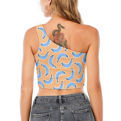 Retro Blue Banana Pattern Print One Shoulder Crop Top