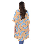 Retro Blue Banana Pattern Print Open Front Beach Cover Up
