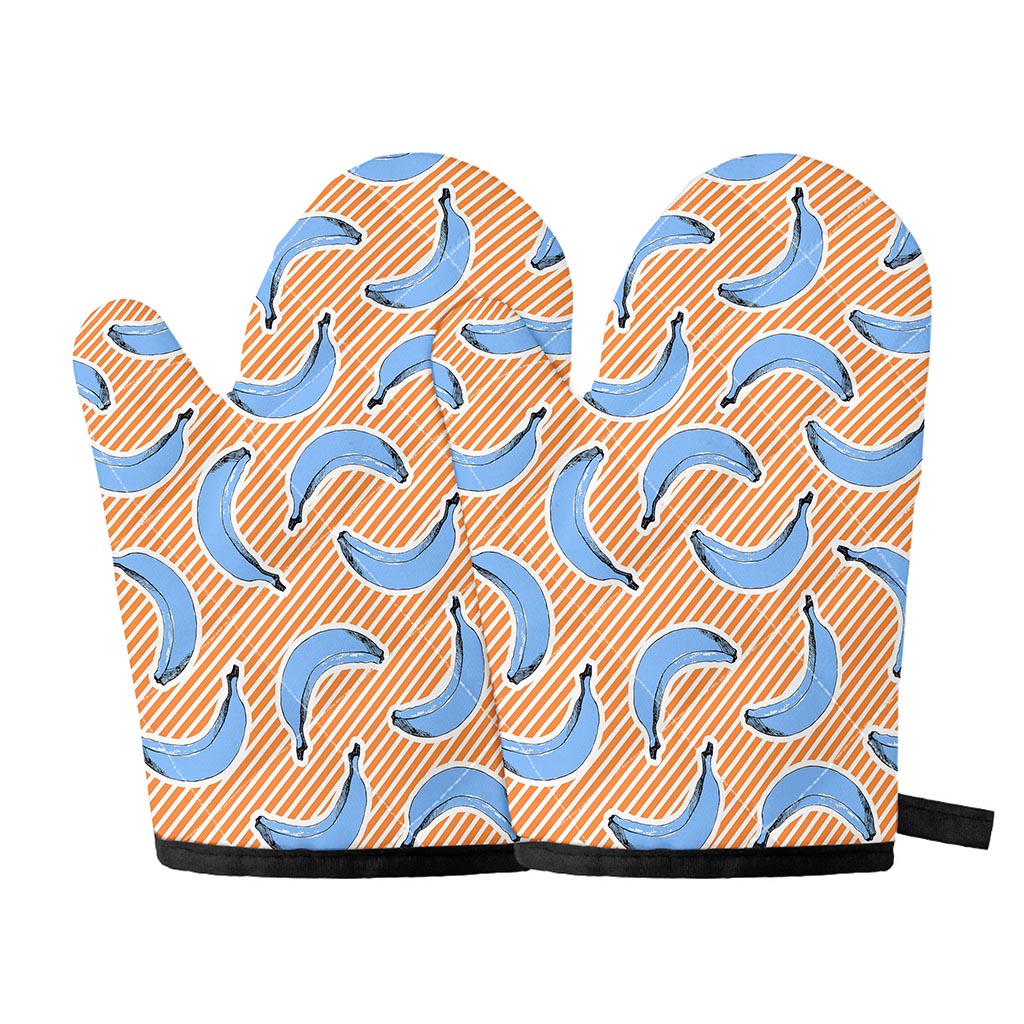 Retro Blue Banana Pattern Print Oven Mitts