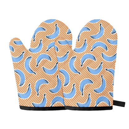 Retro Blue Banana Pattern Print Oven Mitts