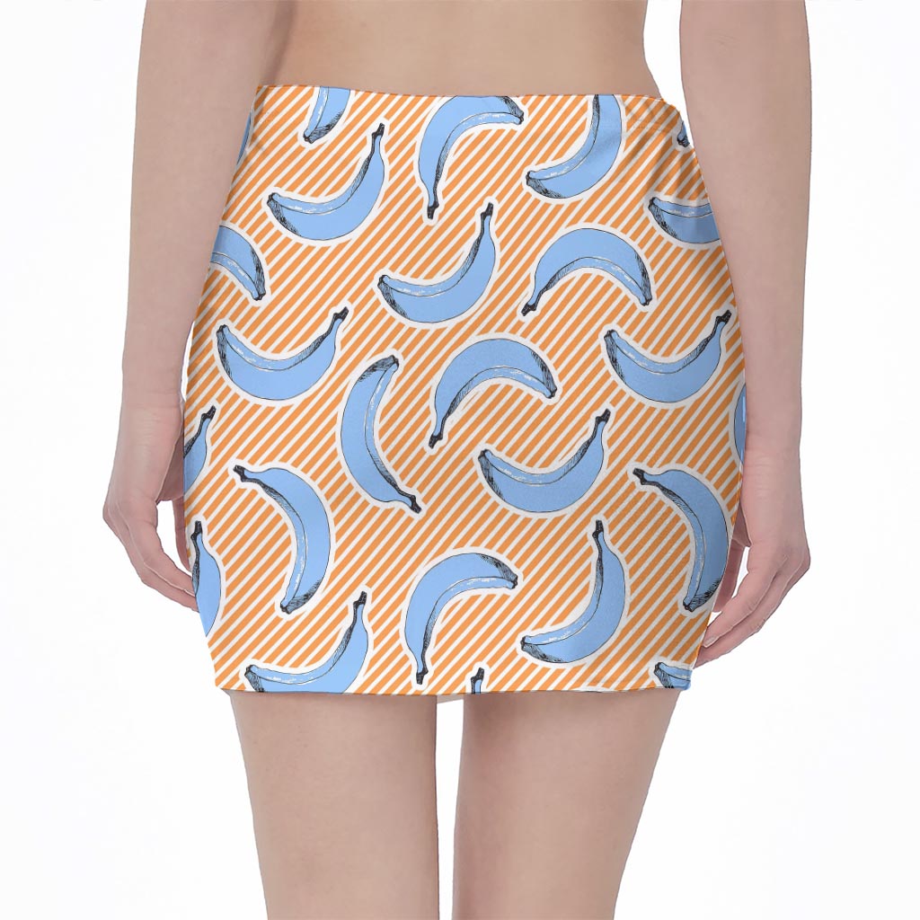 Retro Blue Banana Pattern Print Pencil Mini Skirt