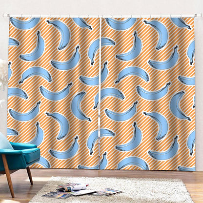 Retro Blue Banana Pattern Print Pencil Pleat Curtains