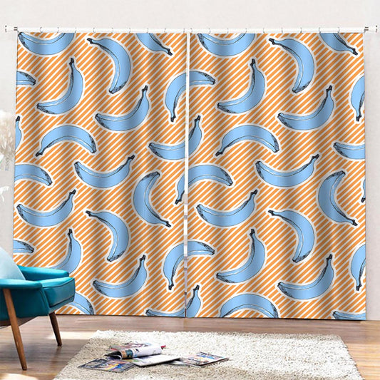 Retro Blue Banana Pattern Print Pencil Pleat Curtains