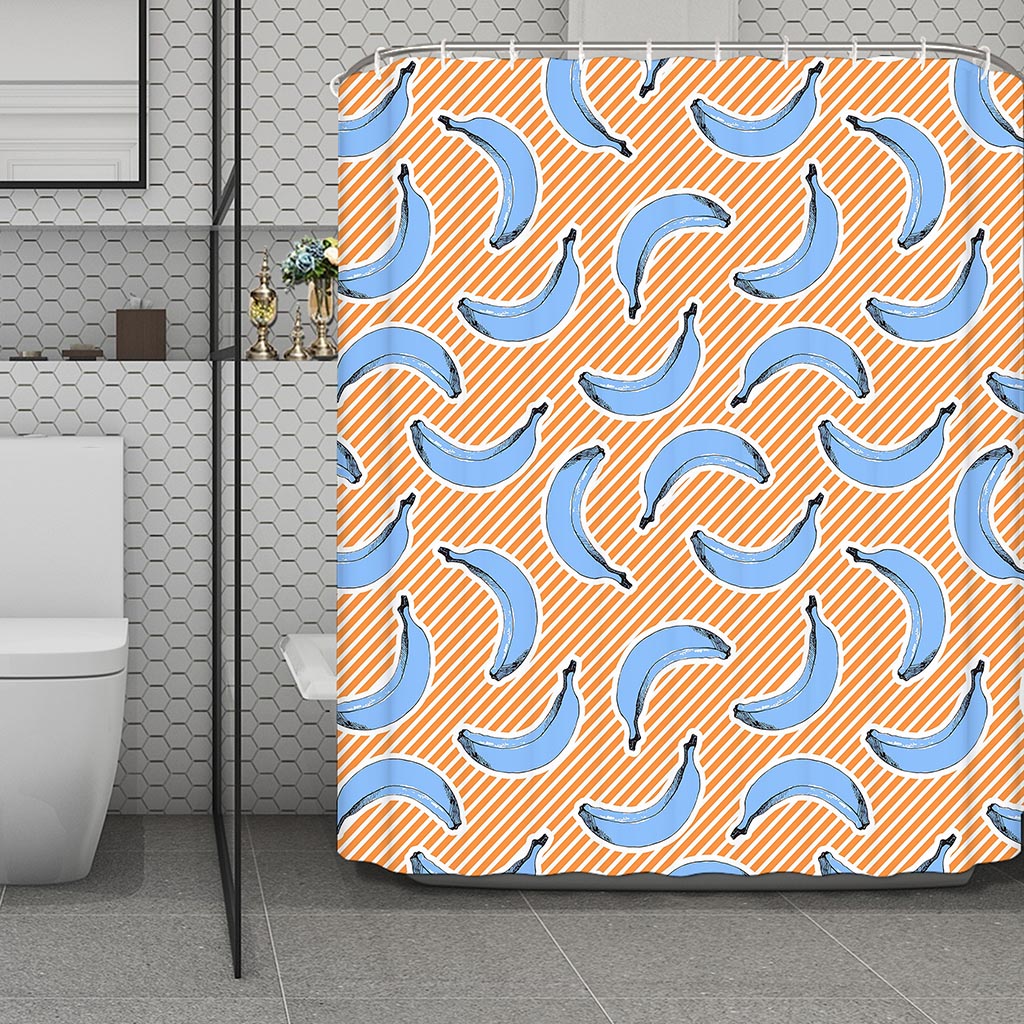 Retro Blue Banana Pattern Print Polyester Shower Curtain
