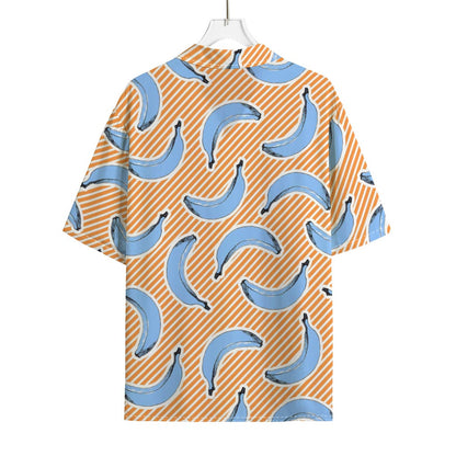 Retro Blue Banana Pattern Print Rayon Hawaiian Shirt