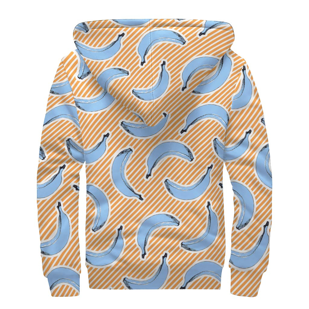 Retro Blue Banana Pattern Print Sherpa Lined Zip Up Hoodie