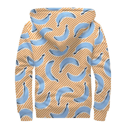 Retro Blue Banana Pattern Print Sherpa Lined Zip Up Hoodie