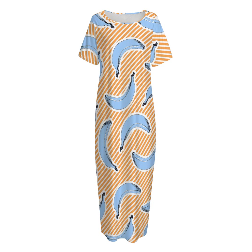 Retro Blue Banana Pattern Print Short Sleeve Long Nightdress