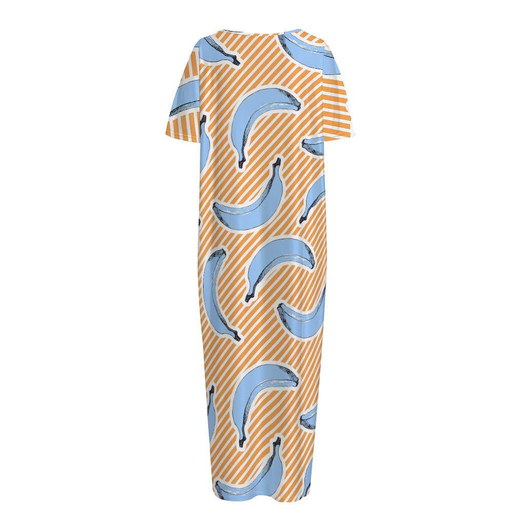 Retro Blue Banana Pattern Print Short Sleeve Long Nightdress