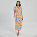 Retro Blue Banana Pattern Print Short Sleeve Maxi Dress