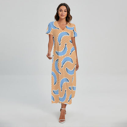 Retro Blue Banana Pattern Print Short Sleeve Maxi Dress