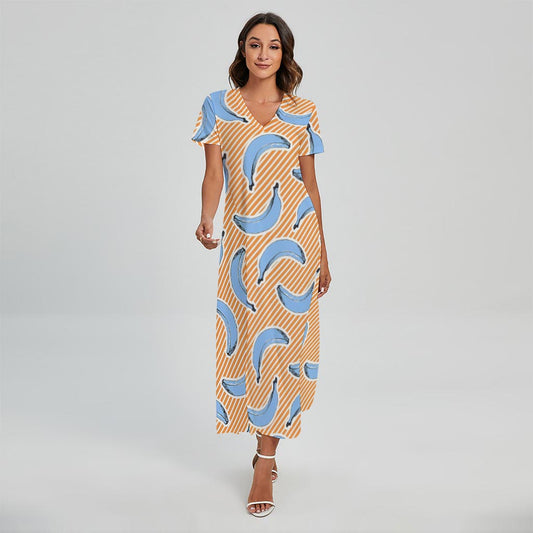 Retro Blue Banana Pattern Print Short Sleeve Maxi Dress