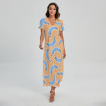 Retro Blue Banana Pattern Print Short Sleeve Maxi Dress
