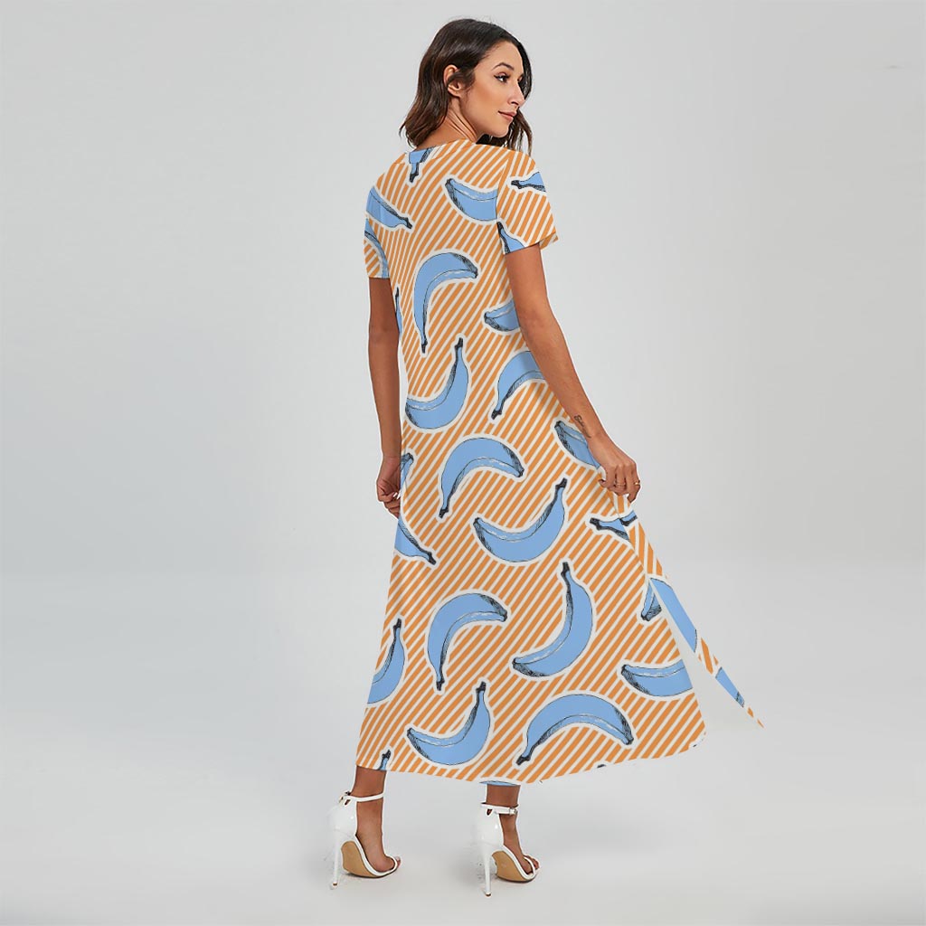Retro Blue Banana Pattern Print Short Sleeve Maxi Dress