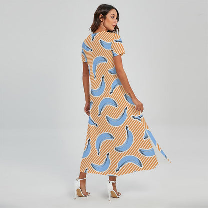 Retro Blue Banana Pattern Print Short Sleeve Maxi Dress