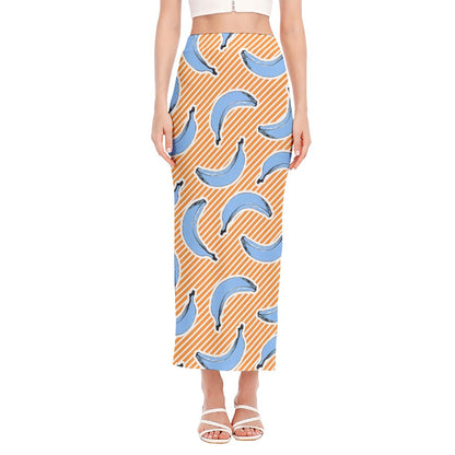 Retro Blue Banana Pattern Print Side Slit Maxi Skirt