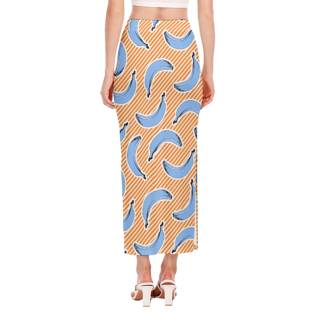 Retro Blue Banana Pattern Print Side Slit Maxi Skirt