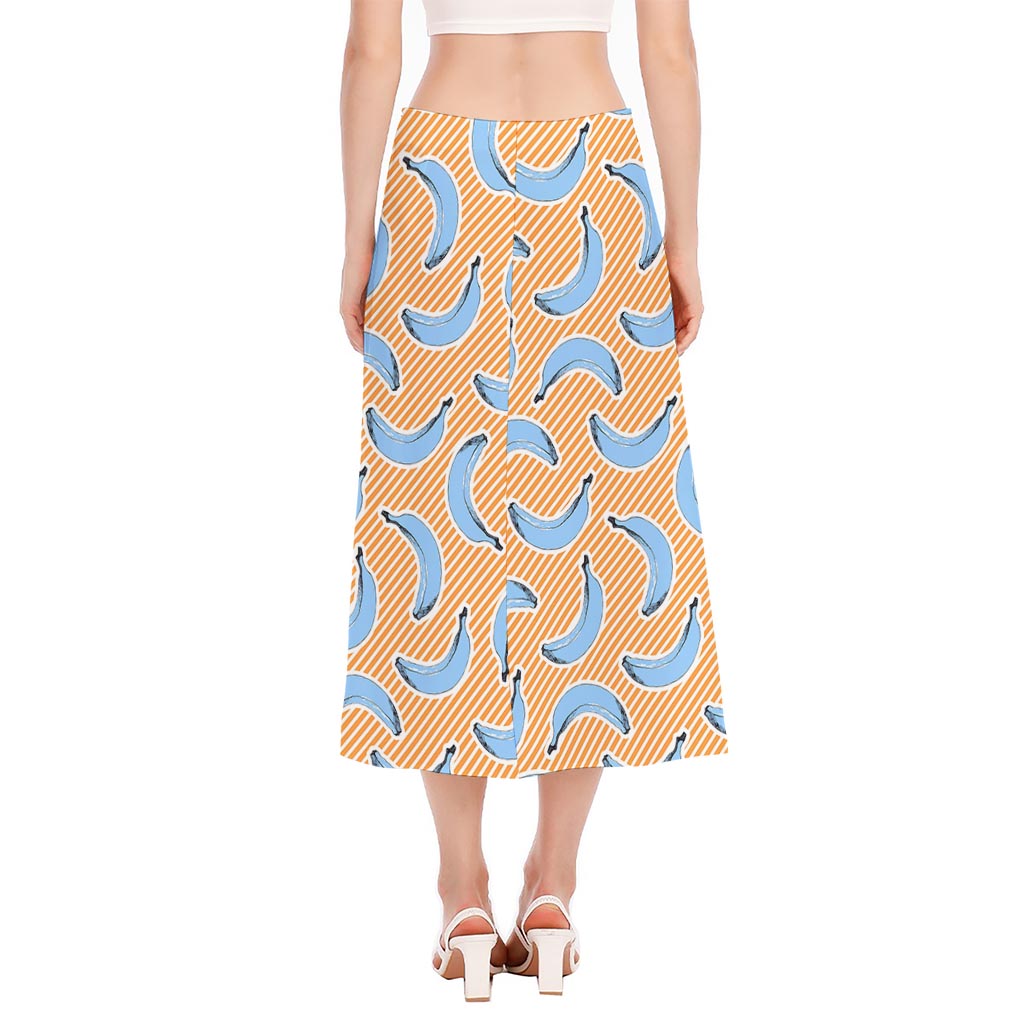 Retro Blue Banana Pattern Print Side Slit Midi Skirt