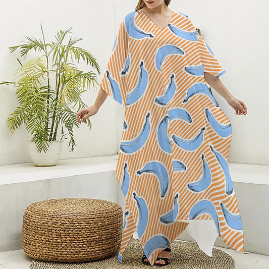 Retro Blue Banana Pattern Print Silk V-Neck Kaftan Dress